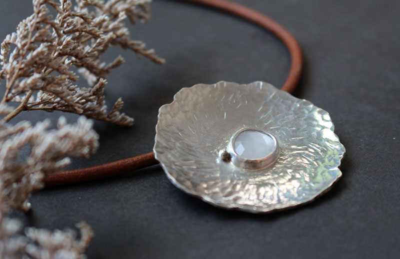 Water lily under the moon, lotus leaf necklace in silver and moonstone