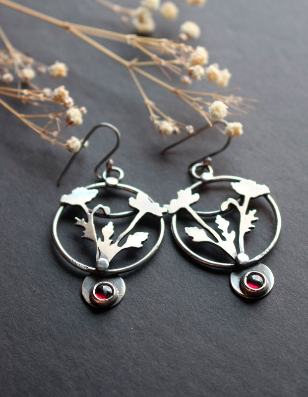 Wild poppy, ephemeral flower earrings in silver and garnet