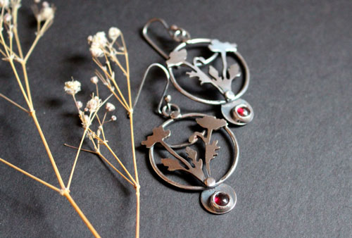 Wild poppy, ephemeral flower earrings in silver and garnet
