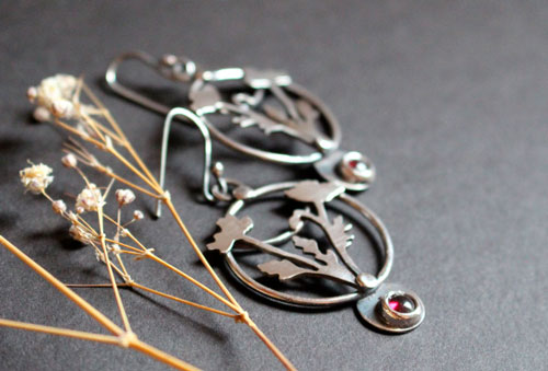 Wild poppy, ephemeral flower earrings in silver and garnet