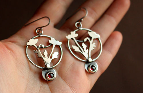 Wild poppy, ephemeral flower earrings in silver and garnet