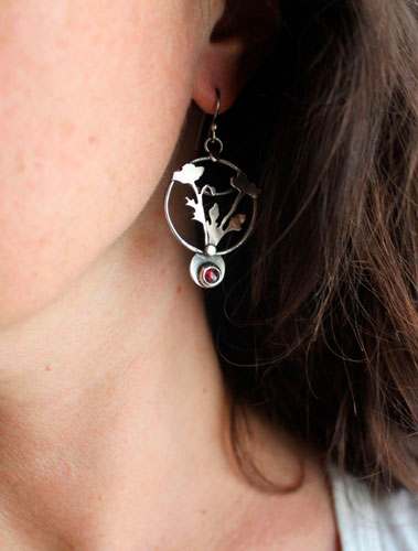 Wild poppy, ephemeral flower earrings in silver and garnet