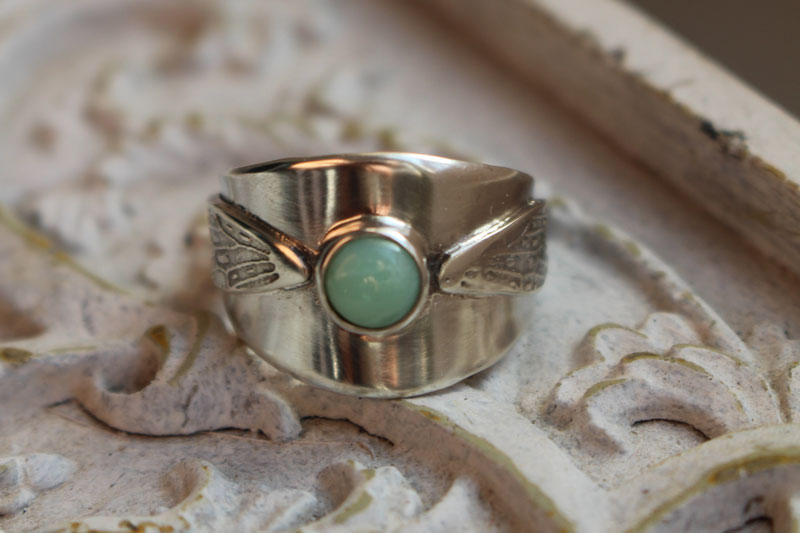 Wingbeats, Harry Potter golden snitch ring in silver and chrysoprase