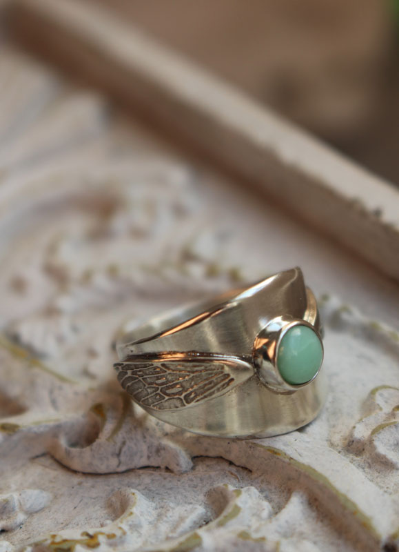 Wingbeats, Harry Potter golden snitch ring in silver and chrysoprase