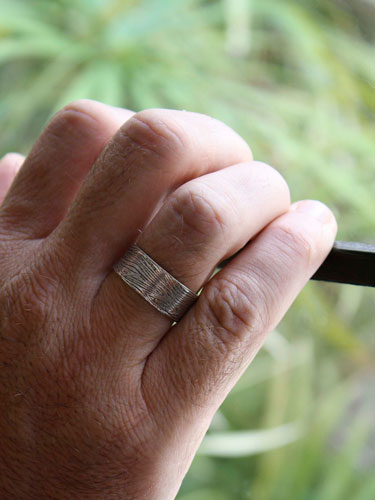 Wood, tree trunk texture ring in sterling silver
