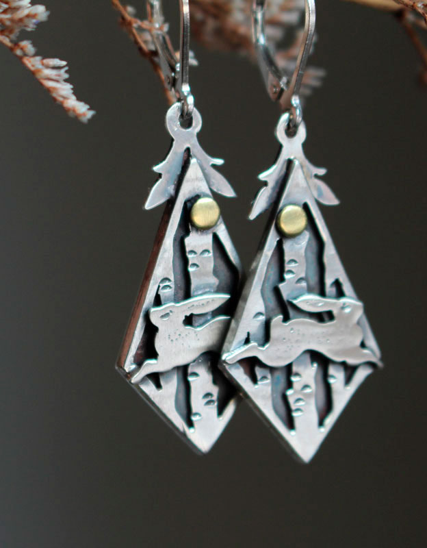 Woodland hare, rabbit in the forest earrings in silver and brass