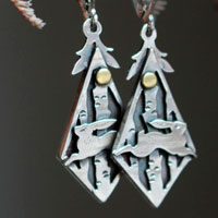 Woodland hare, rabbit in the forest earrings in silver and brass