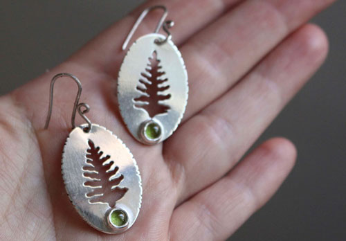 Xylia, forest tree earrings in sterling silver and peridot